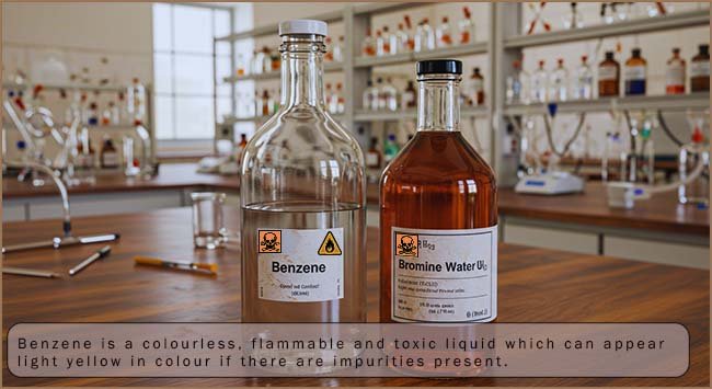 Image shows a bottle of benzene and bromine water on the bench in the chemistry lab.